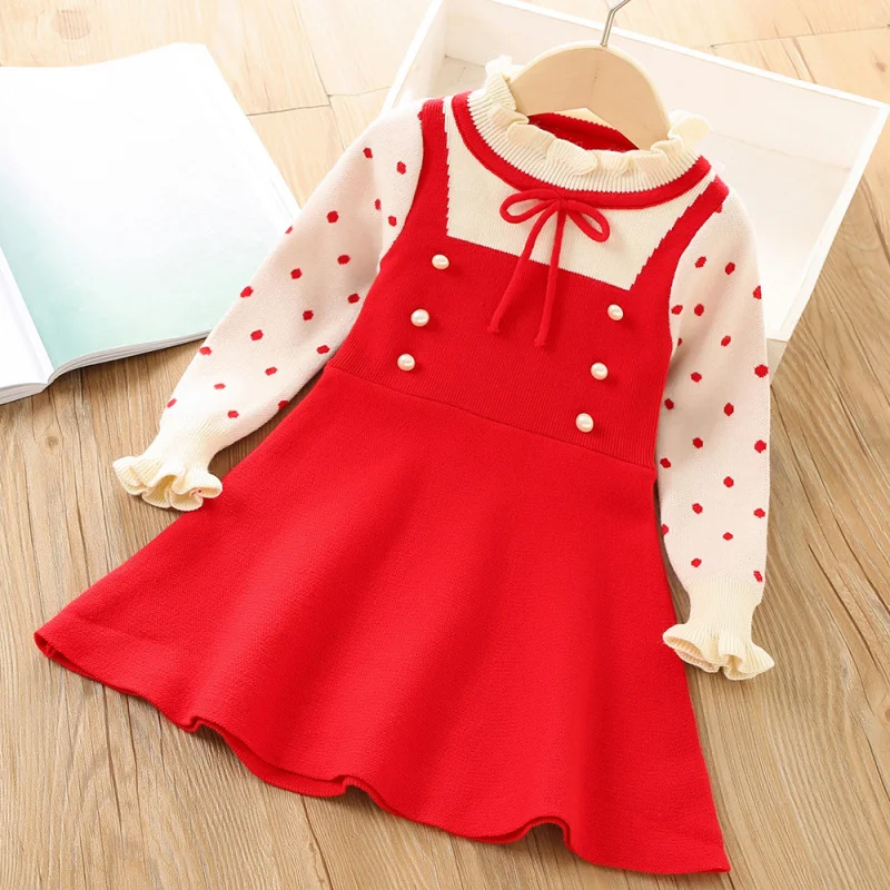 

Girls Sweater Autumn and Winter New Children's Dot Button Knitted Lace Dress Knitted Skirt