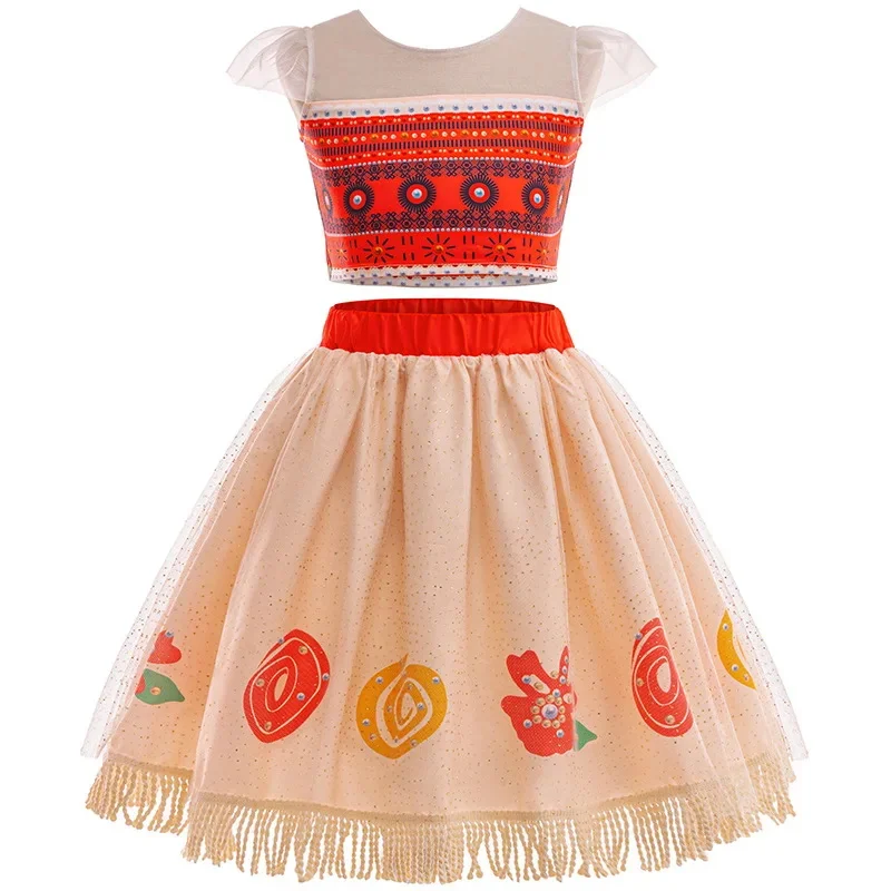  Children Summer 2Pcs Sets Hawaii Beach primitive Style Top+Skirt Moana Cosplay Costume Girls Short Sleeve Carnival Dress Up