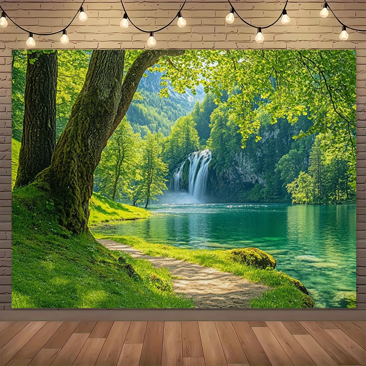 Wandbehang aus Polyester-Waldwasserfall, frühlingsgrüner Hintergrund mit natürlicher Landschaft, Festivaldekoration, Geburtstagsparty-Dekoration