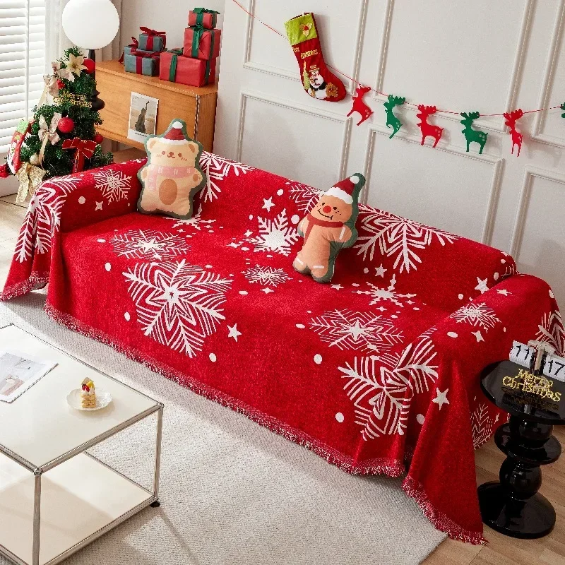 Christmas Red Sofa Blanket Nordic Tassels Throw Towel Four Season Sofa Cover Dustproof Anti-scratch Couch Covers Furniture Cover