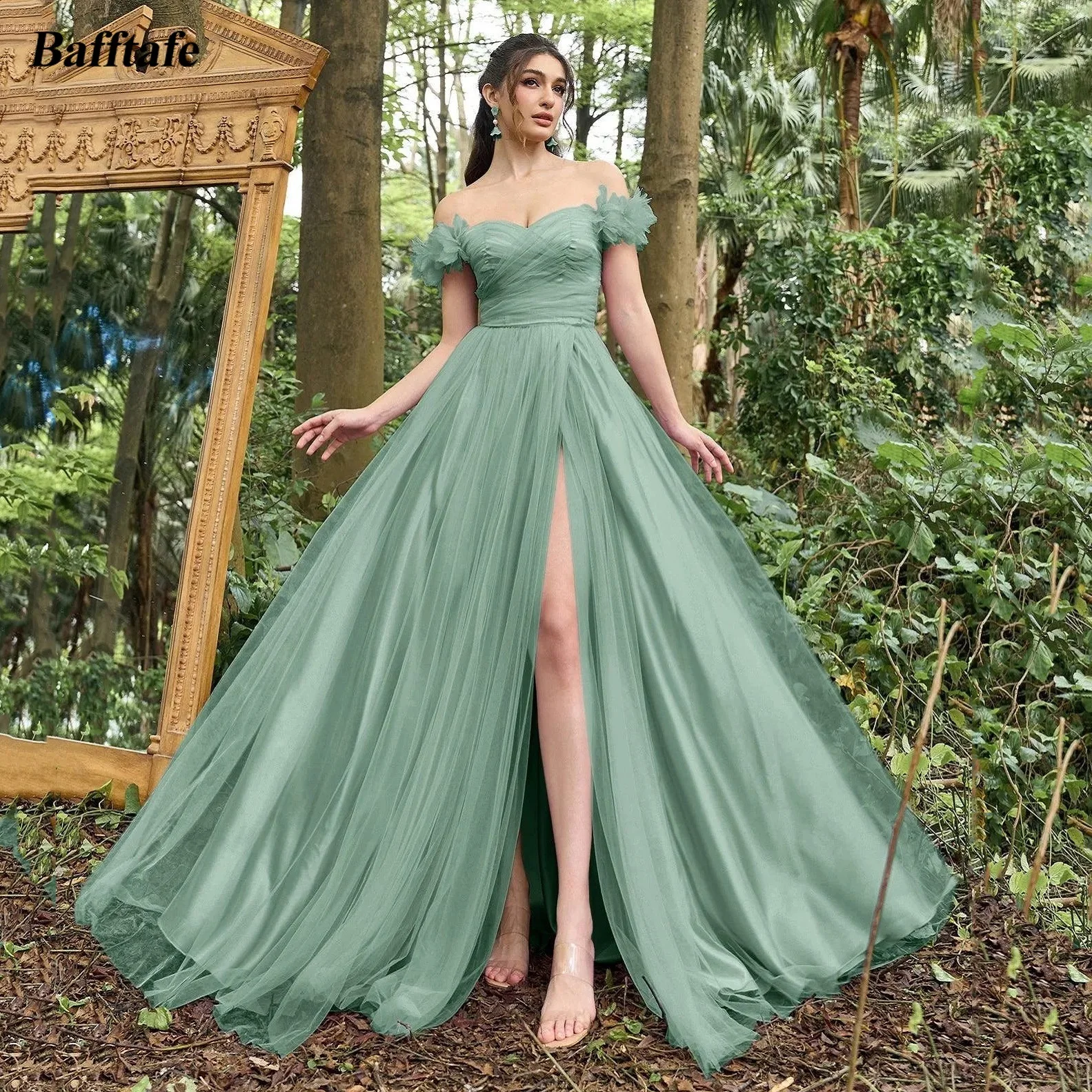 

Bafftafe Mint Green Tulle Evening Dresses Customized A Line Off The Shoulder Pleated Corset Prom Dress Women Formal Party Gowns