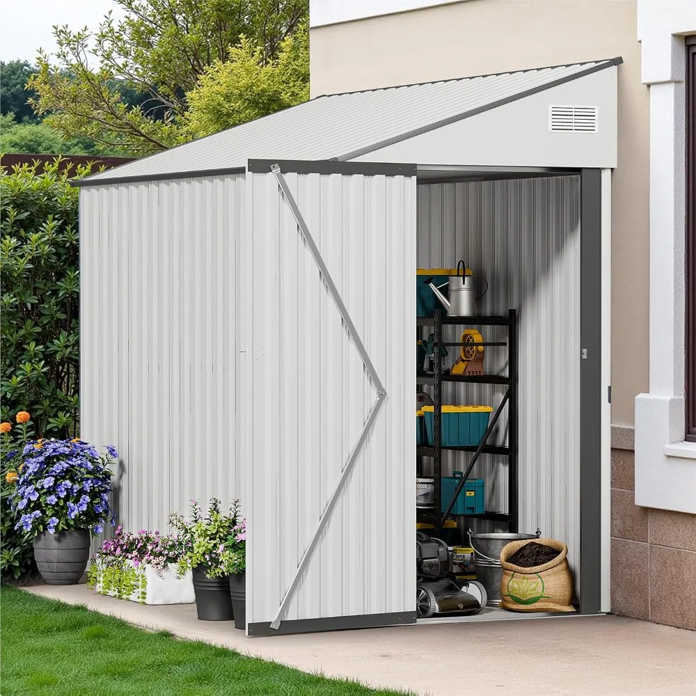 

4x8 FT Lean to Metal Shed, Heavy-Duty Outdoor Storage, Rust-Resistant Wall Side Design Shed w/Lockable Door, Waterproof Coating