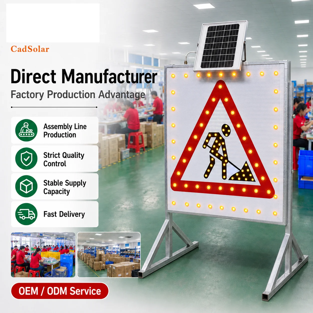Double Side Road Safety Solar Powered Aluminum Roadworks Flashing LED Traffic Warning Sign For Traffic Safety Items