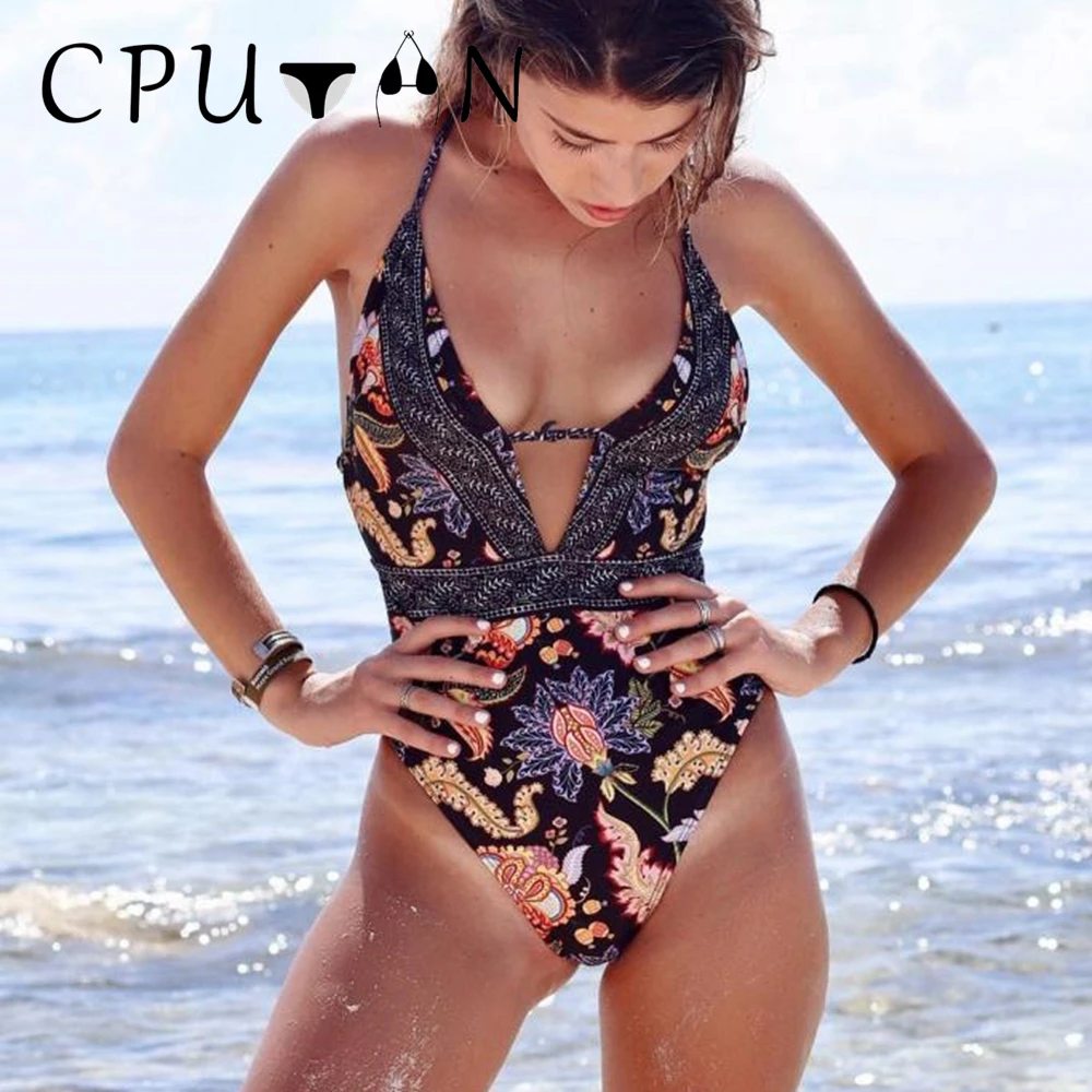 CPUTAN Sexy V Neck Bikini Swimsuit One Piece Women\'s Swimwear 2024 Black Print Biquini Brazilian Bathing Suit Backless Beachwear