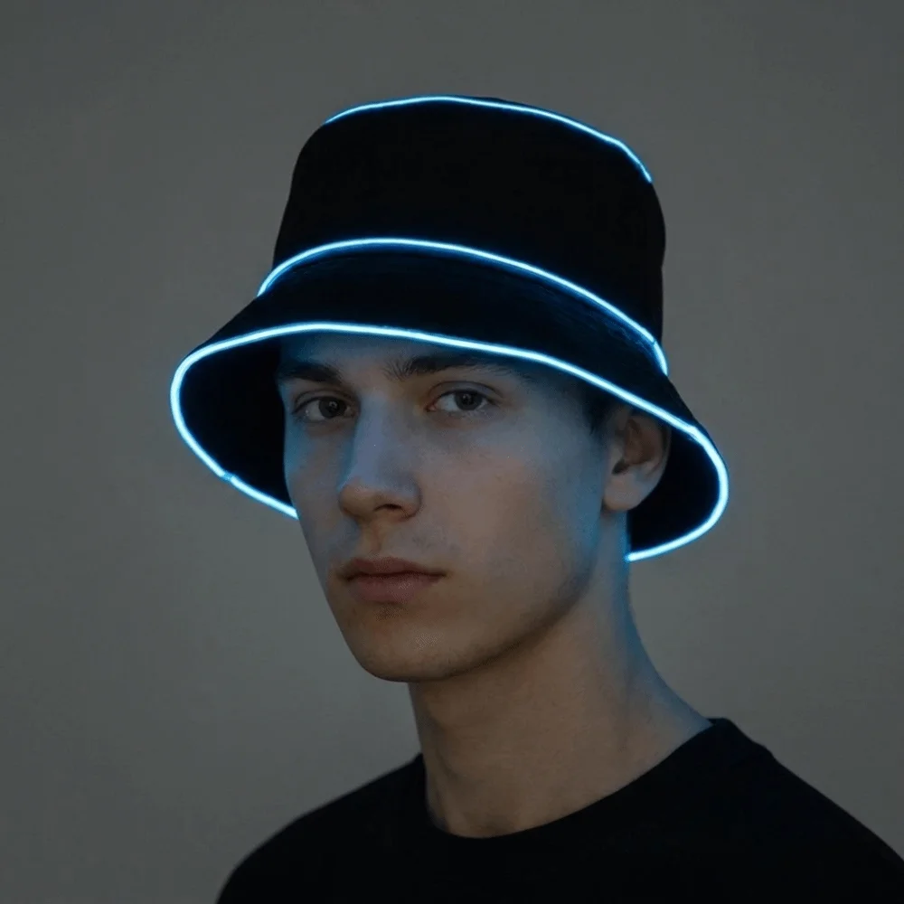 Cool Battery Powered LED Bucket Hat Flashing Modes Colorful Luminous Hat Grow in Dark Solid Color Flashing Glow Hat Men