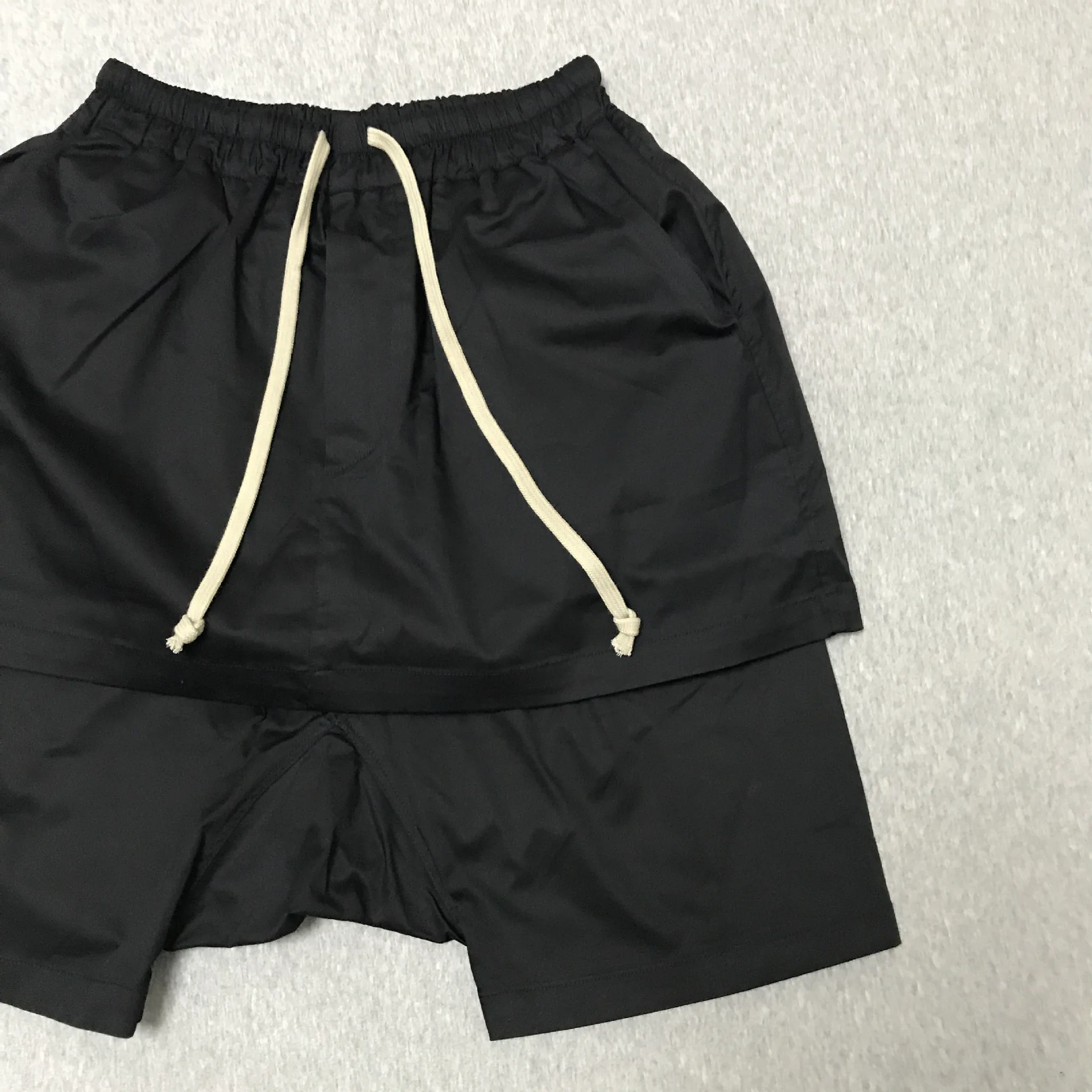 Firmranch Black Double-layer Crotch Shorts For Men Women High Street Elastic Waist Drawstring Fake Two-piece Fifth Pants