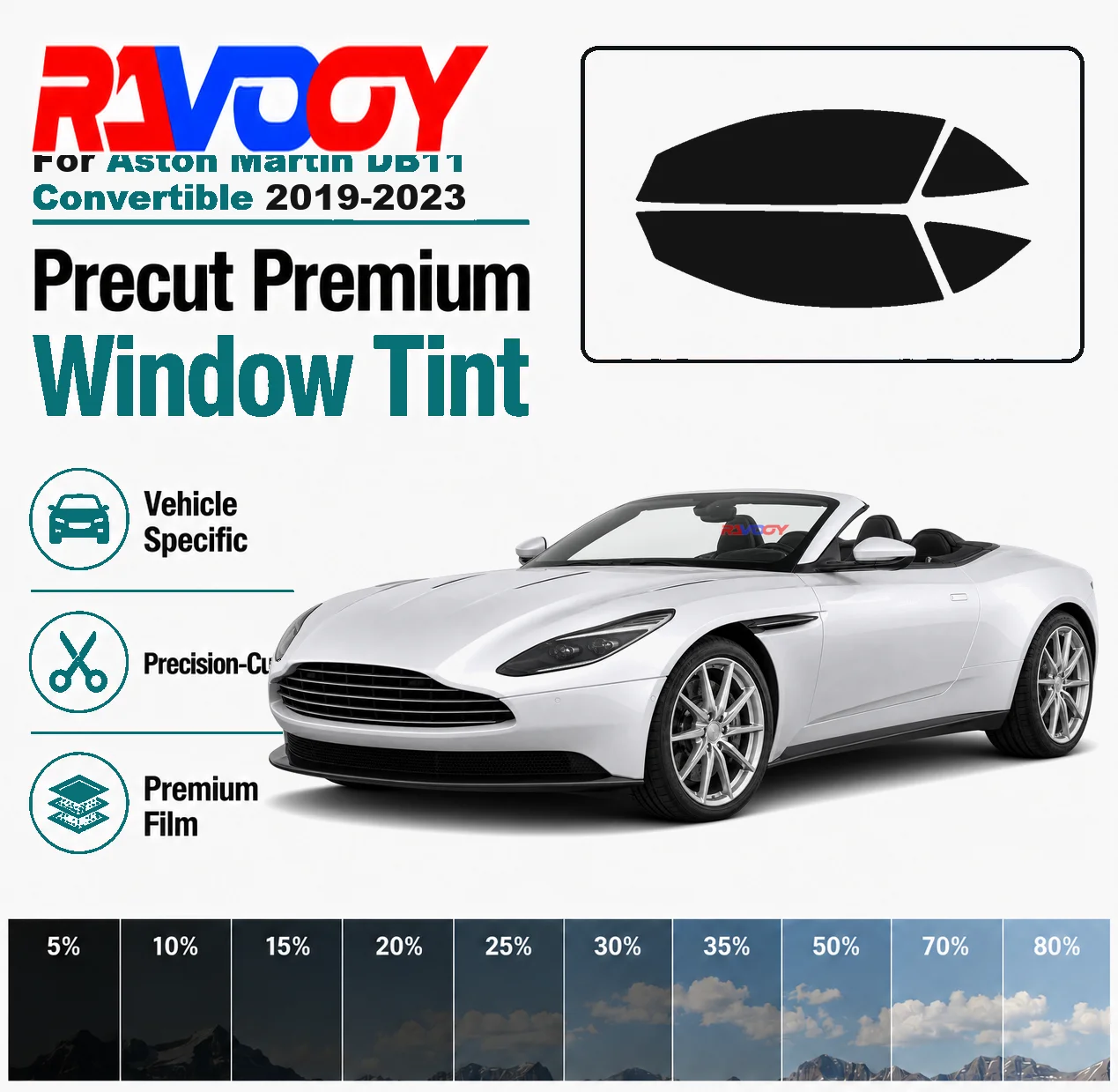 For Aston Martin DB11 Convertible 2019-2023 RAVOOY Precut Window Tint Film Vehicle-Specific Full Kit Front & Rear Windows