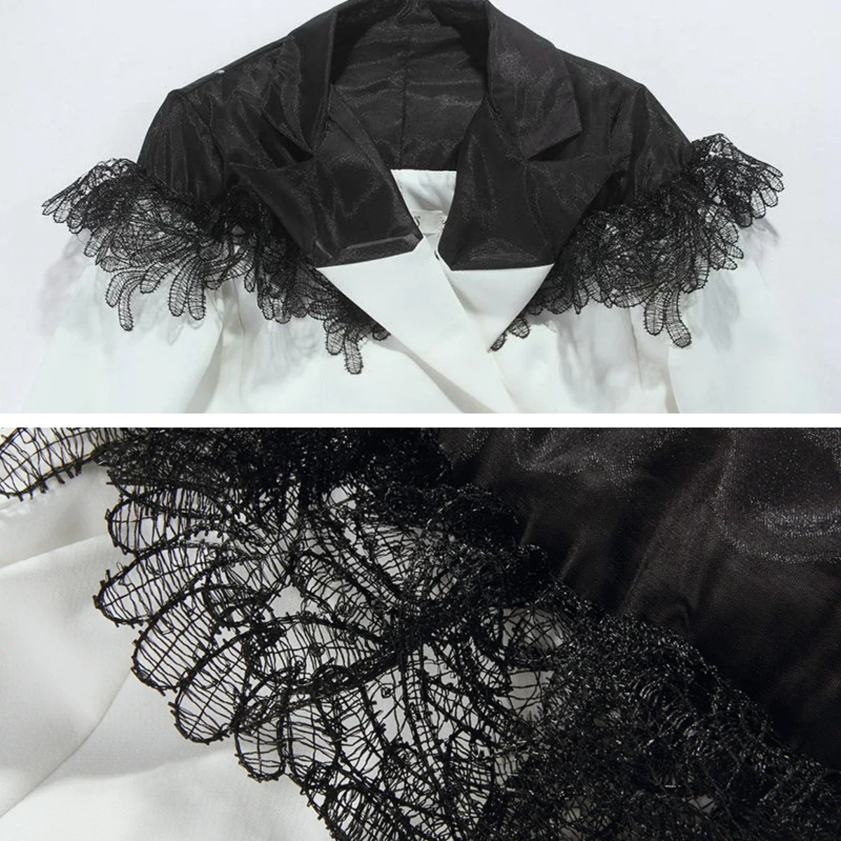 ใหม่รันเวย์ฤดูใบไม้ผลิสีขาว Notched COLLAR Blazer ชุดแฟชั่นผู้หญิง Double-Breasted Lace Ruffles Patchwork ชุดมินิสํานักงาน