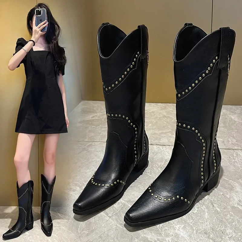 Studded Boots Women 2024 Low Heel Cowboy Chelsea Western Short Leather Knee High Luxury Designer Gothic New Rock Shoes Vintage