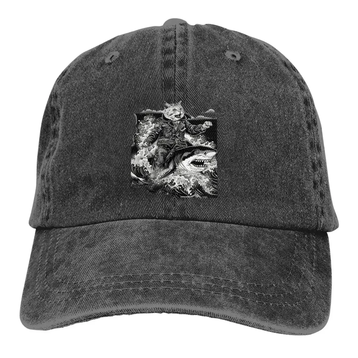 Washed Men's Baseball Cap Cat Riding Shark Ocean Explorer Trucker Snapback Cowboy Caps Dad Hat GuIfHats