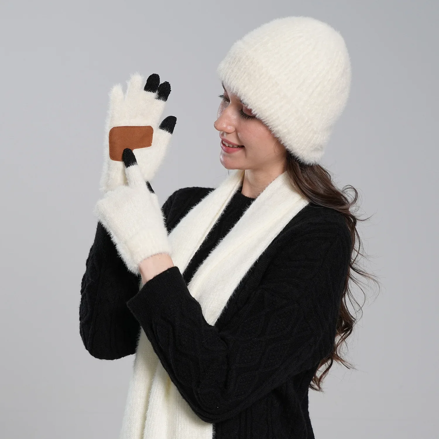 Winter Knit Hat Scarf Gloves 3 Piece Set Touch Screen Gloves for Adult Men Women Warm Accessories