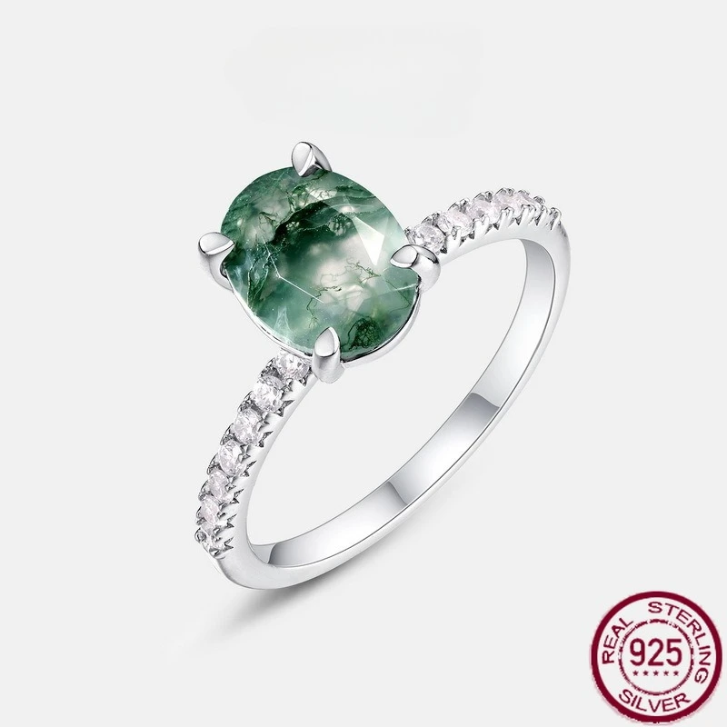 

New S925 Pure Silver Simple Natural Water Grass Agate Claw Set with Green Moss Light Luxury Fashion Versatile Wedding Jewelry