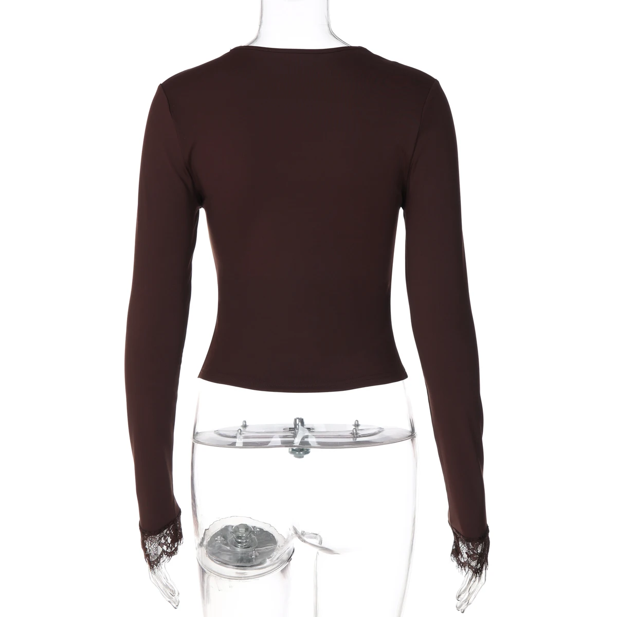 Hugcitar Fashion V-Ausschnitt, einfarbig, langärmelig, mit Spitze, sexy Crop-T-Shirt, Top, passend für Herbst, Damenbekleidung, Party, Nachtclub, T-Shirts – Detail 4