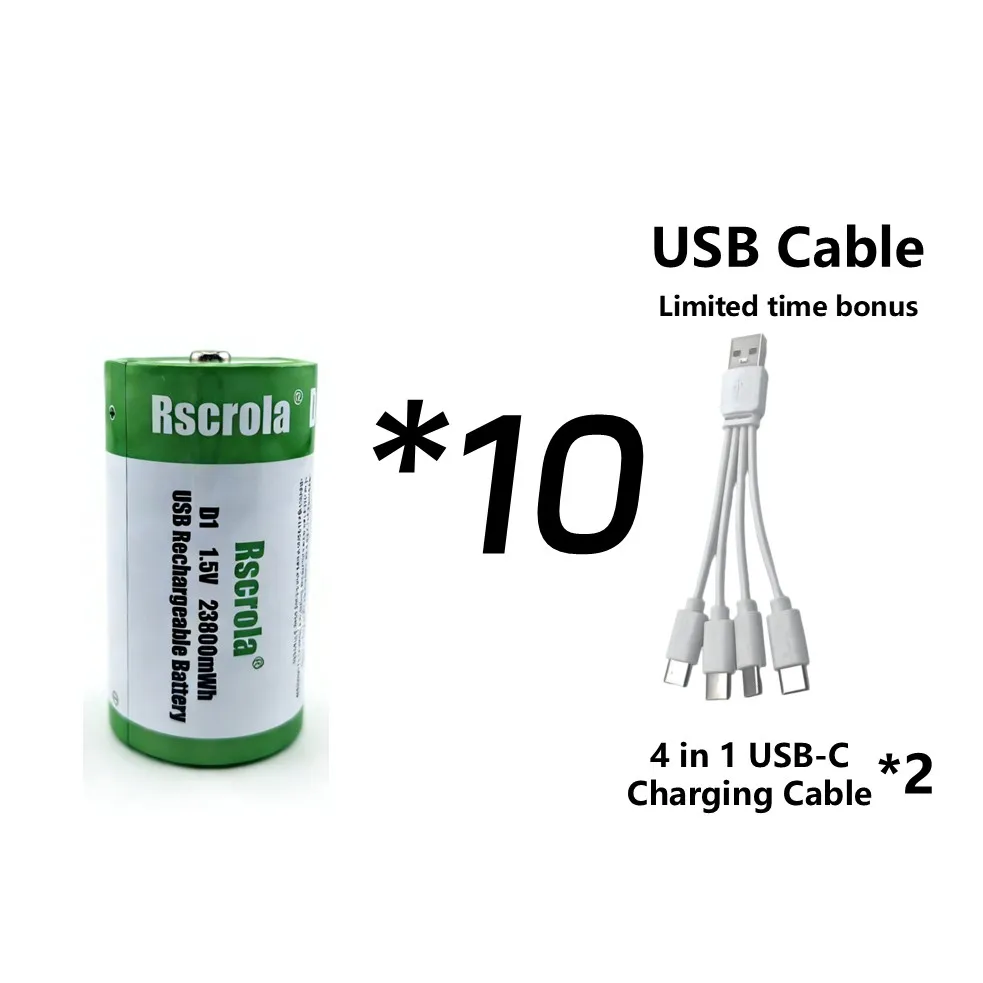 1.5V 23800mWh D-cel batterijen Oplaadbare D-batterijen met oplaadkabel voor gasfornuis, waterverwarmer, zaklamp, radio, gereedschap, speelgoed