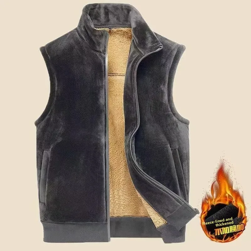 

Men's Thickened Lamb Fur Vest Warm Cotton Jacket Dad Style Autumn Winter Fashionable Regular Fit Zipper Closure Geometric Pat...