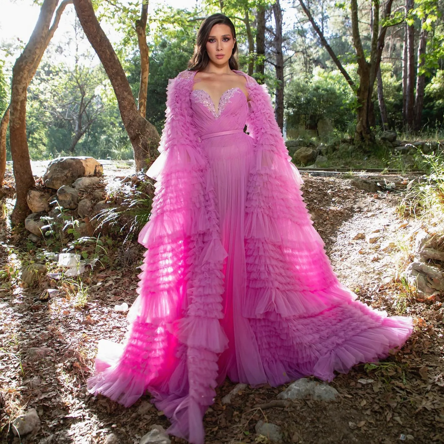 

Unique Ruffles Tiered Long Tulle Women Jacket Very Long And Puff Sleeves Women Maxi Gowns Cape Custom Made