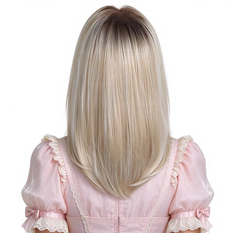 Ombre Ash Blonde Straight Bob Wig with Side Bangs Balayage Blonde Synthetic Wig with Dark Roots for Women Daily Party Cosplay