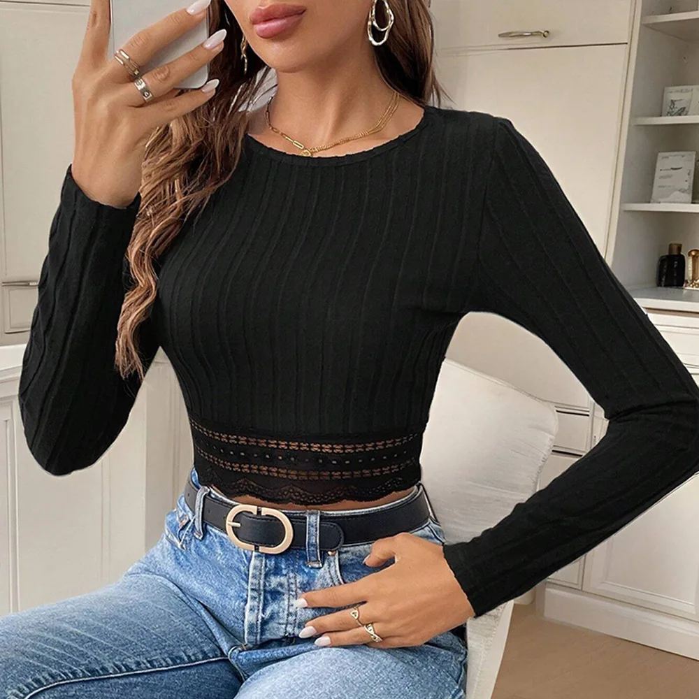 Women Summer Lace Trim Short Tops Slim Fit Long Sleeve Casual T Shirt Blouse