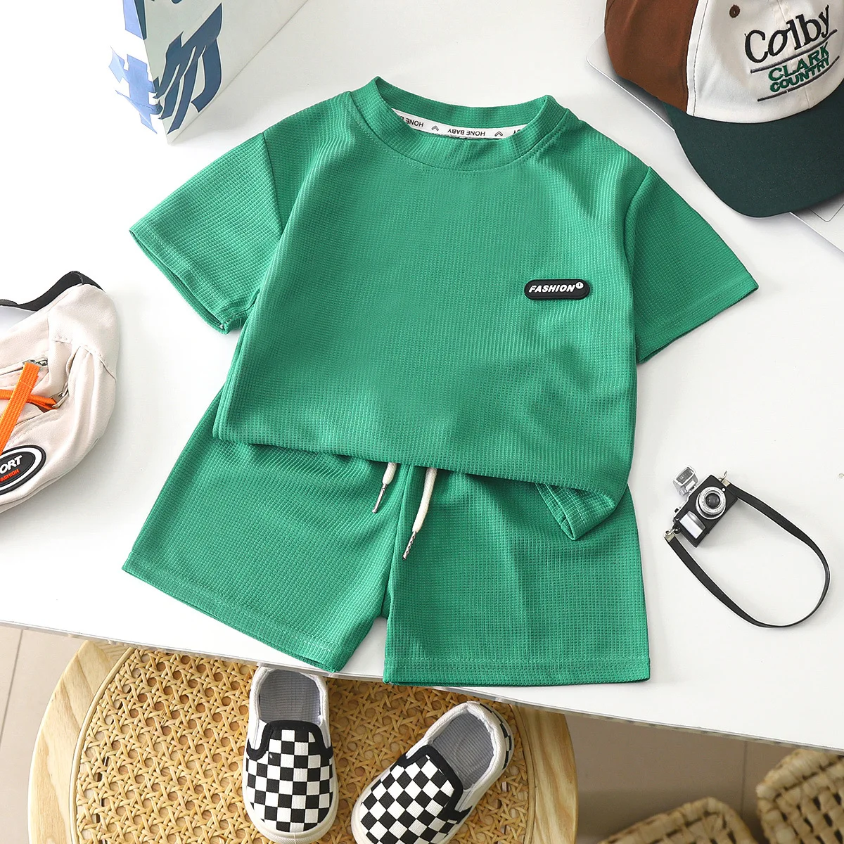 New Summer Children's Casual Set for Boys Girls Loose Short Sleeved Waffle Breathable and Comfortable Set