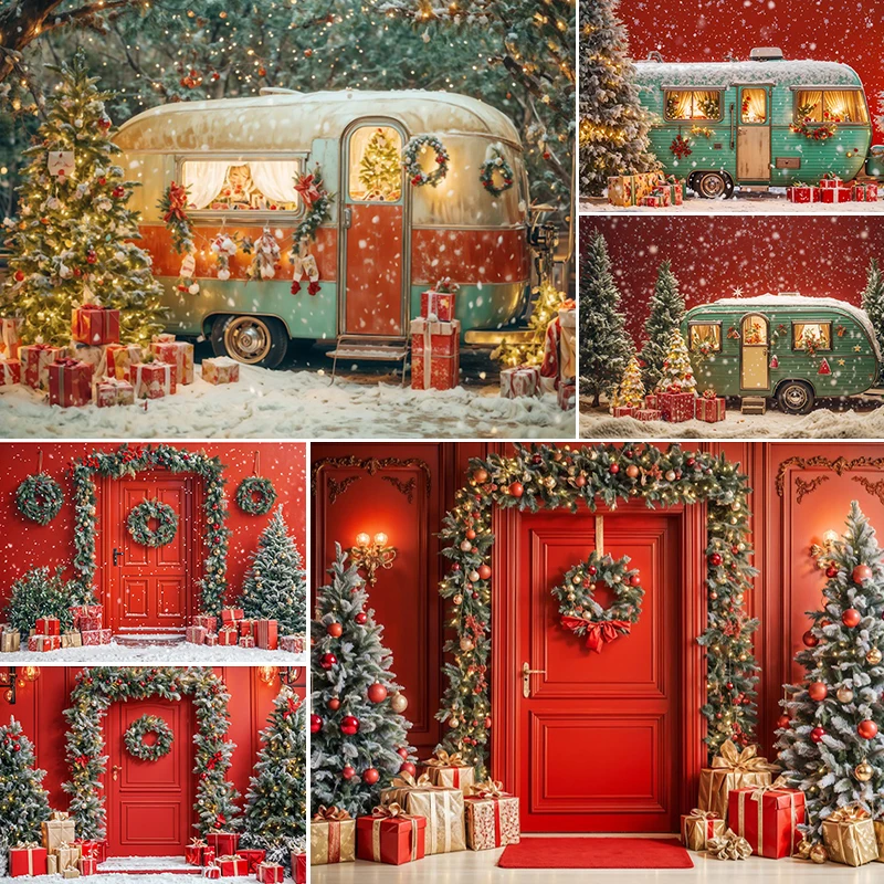 Christmas Decorations Photography Background Winter Xmas Trees Red Gift Box Backdrops  Kids Adult Portrait Decor