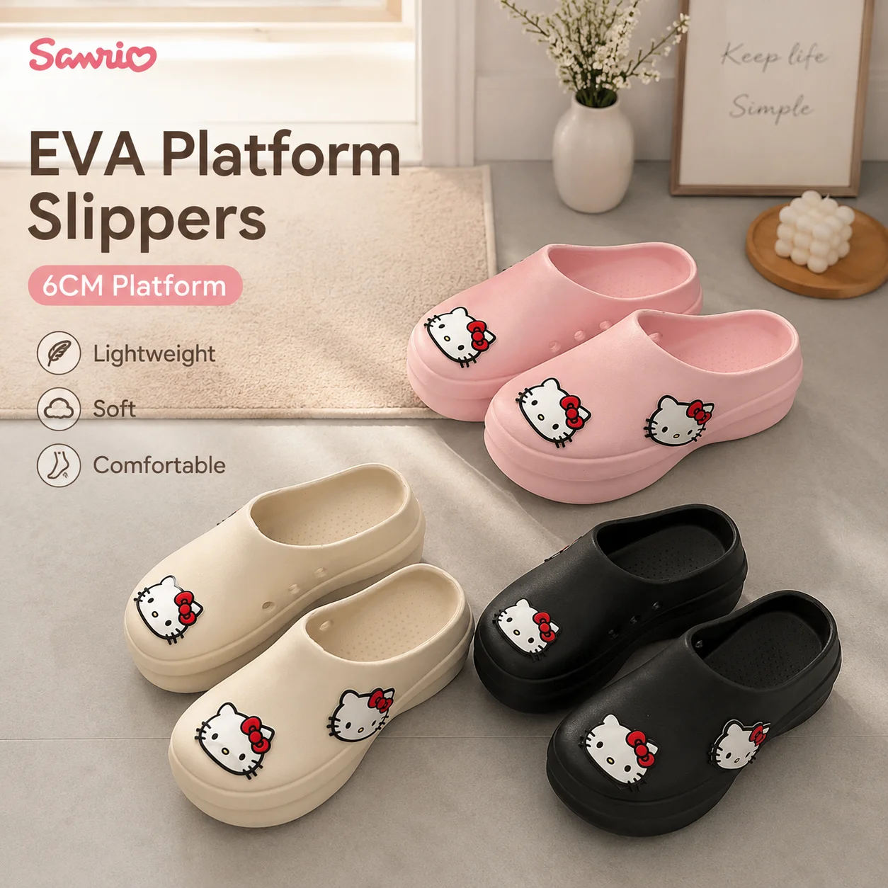

Sanrio Hello Kitty Summer Women 6CM Platform One Piece EVA Clogs Waterproof Slip On Slippers Daily Shopping Outdoor Casual Shoes