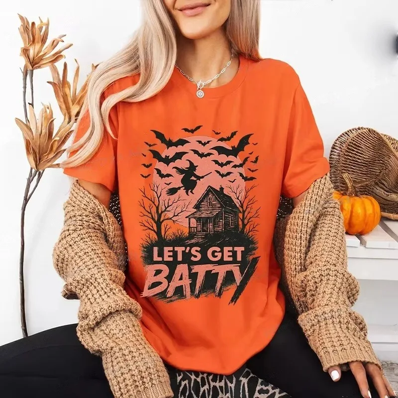 

Let's Get Batty Хэллоуин с короткими рукавами и 3D принтом в стиле ретро Хэллоуин, дышащая, быстросохнущая сезонная уличная футболка