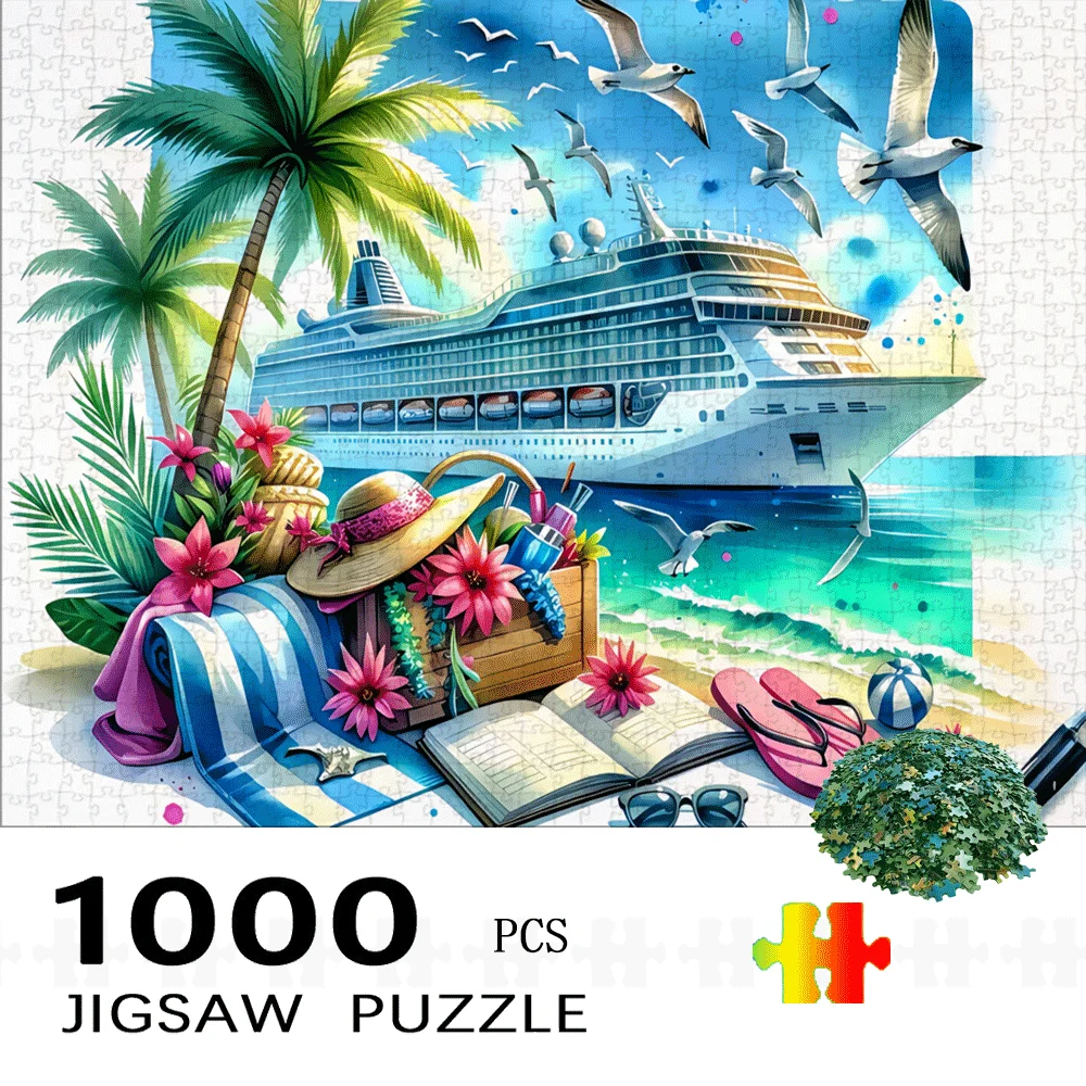 

[Яркий тропический пазл] 1000 шт. Яркий тропический пазл - дизайн пляжного круизного корабля с пальмами, чайками и круизным кораблем,