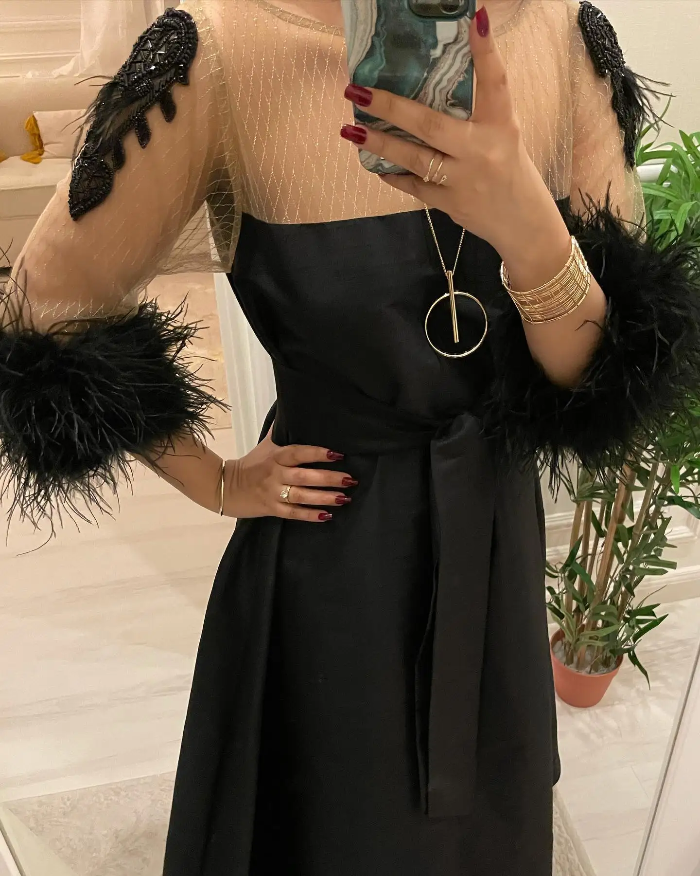 

Customized Evening Dress Exquisite Jersey Scoop Feathers 3/4 Sleeves Prom Gowns Classic A-Line Belt Ankle Length Party Dresses