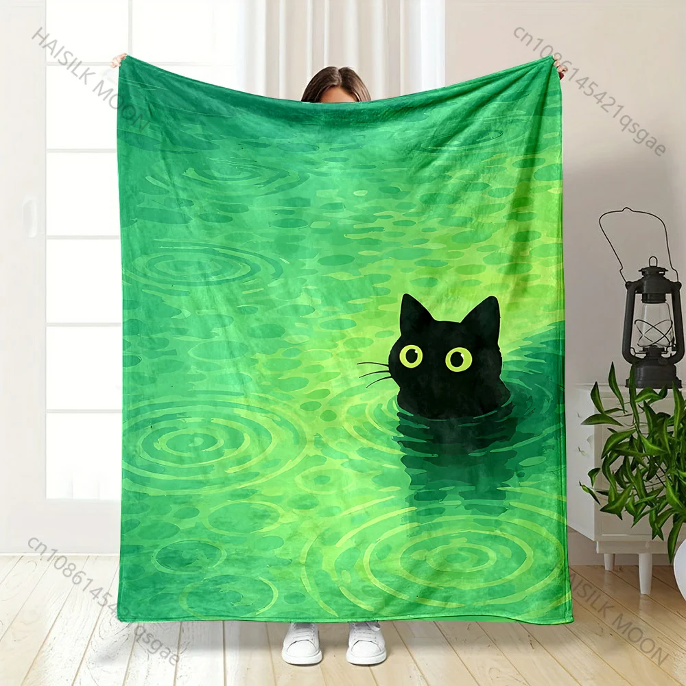 Black cat green water raindrop ripples Print Blanket Warm Soft Fluffy Kids and Adult Sofa Bed Throw Outdoor Travel Camping RV