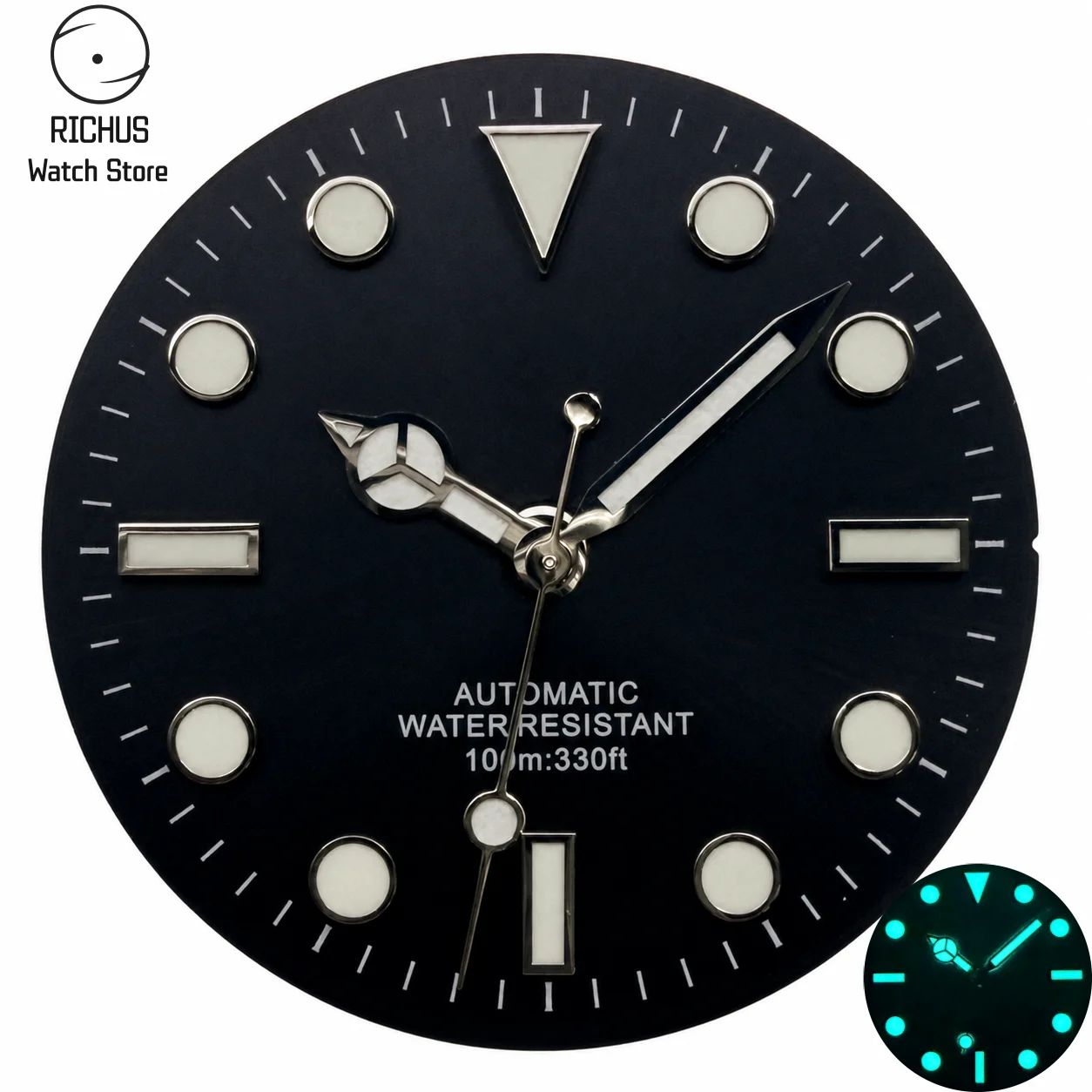 Black Watch Dial & Hands Set 29mm Ice Bue Luminous Marks Without Date Window Fit VH31 Quartz Movement Diver Men Watch Part