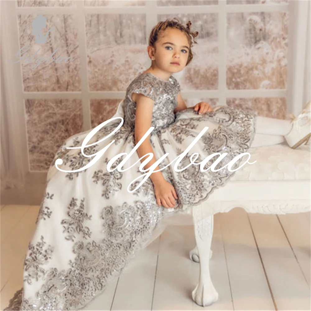 

Shiny Applique Short Sleeve A Line Long Ball Flower Girl Dress Sweep Train Wedding Formal First Communion Dress Customized