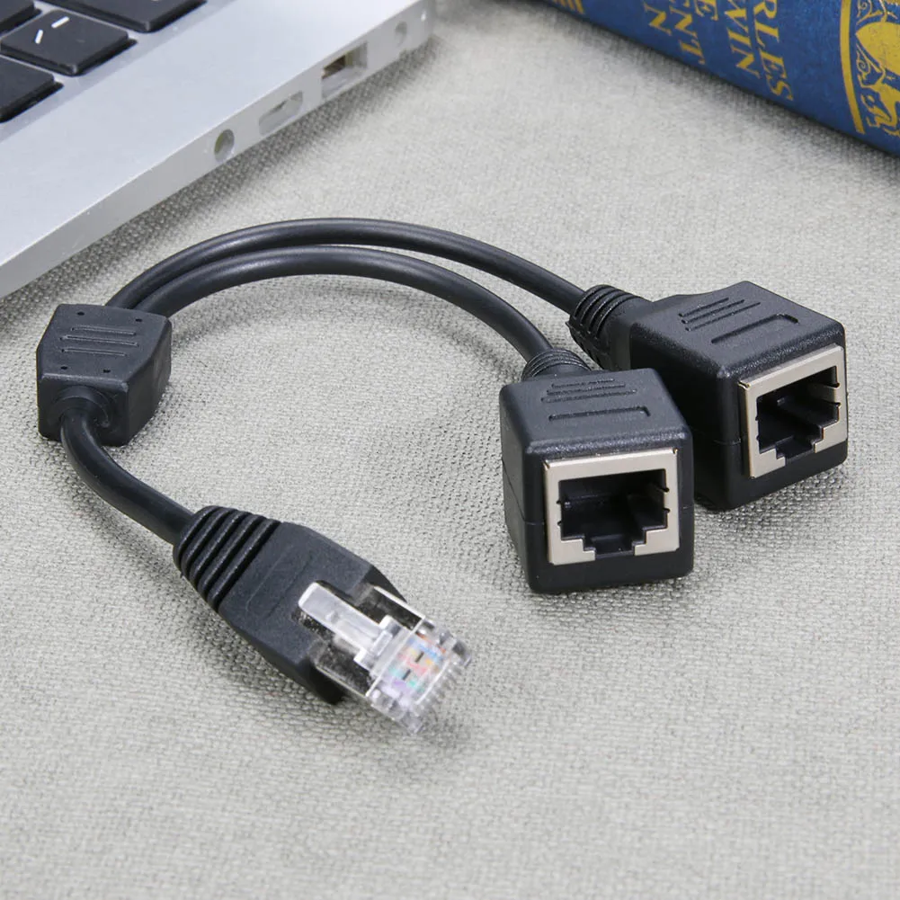 DSL Network RJ45 Male to 2 Female Splitter Adapter Connector Cable Black