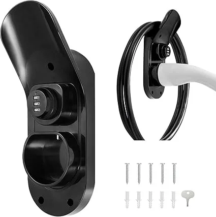 Type 2 EV Charger Cable Holder, Combination Lock With Adjustable Wall Mount Holder For IEC 62196-2 Plugs, Anti-Theft Protection