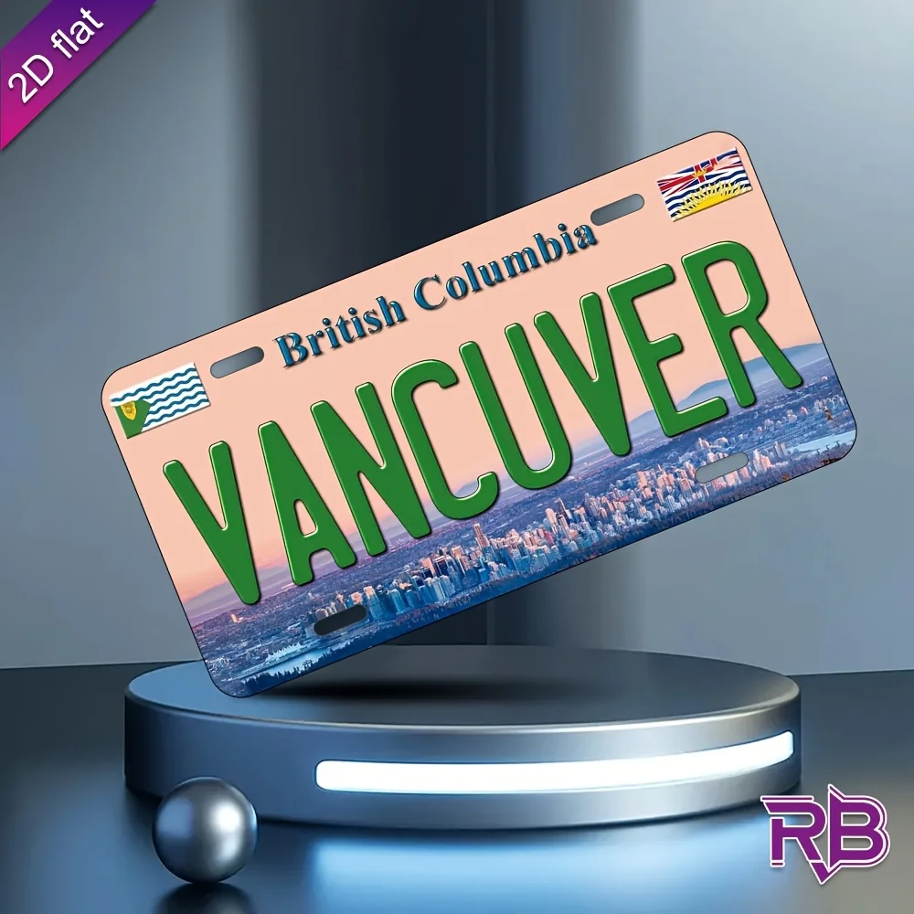 - Letrero de metal de aluminio, diseño de placa de matrícula "Vancouver" con estampado UV con paisaje urbano y bandera, perfecto para el hogar, cafetería, restaurante,