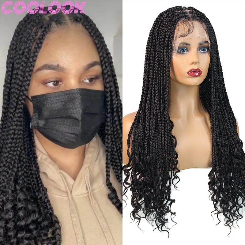 

24'' Full Lace Synthetic Braided Wigs Heat Resistant Cornrow Square Part Braid Wig with Curly End Knotless Lace Front Braids Wig