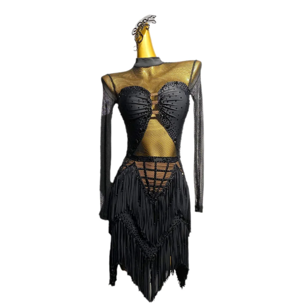 라틴 댄스 AB 스톤 여성 성인 어린이 고급 맞춤형 블랙 메쉬 스플라이싱 블랙 풀 삼바 공연 드레스
