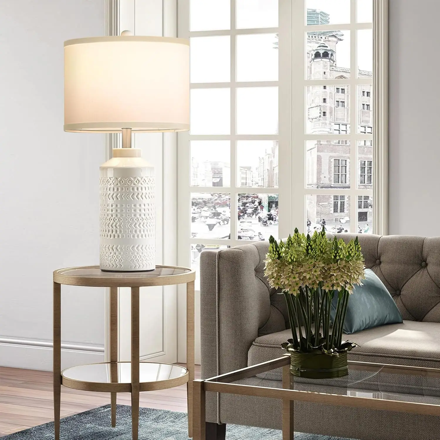 โคมไฟตั้งโต๊ะเซรามิกสีขาวครีมสไตล์โมเดิร์น 23.5 นิ้ว ชุด 2 ชิ้น โคมไฟข้างเตียงสไตล์วินเทจเรโทรสำหรับห้องนอนและห้องนั่งเล่น