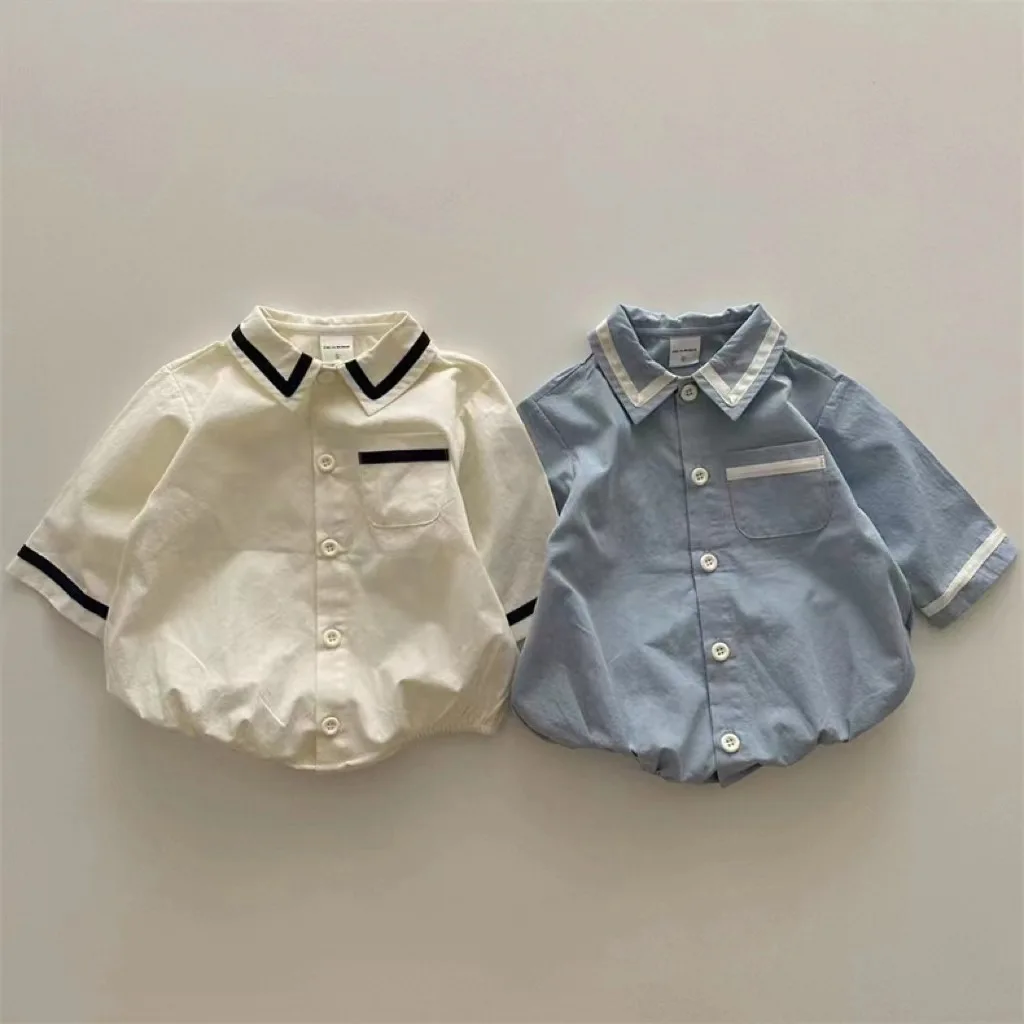 Korean  long sleeved triangular pocket solid color lapel baby and toddler clothing solid  baby girl romper  baby clothes