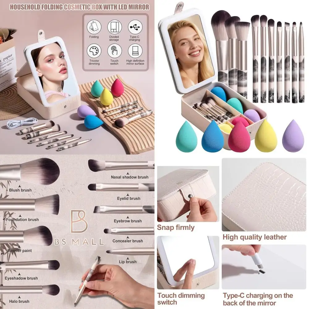 Miroir de maquillage LED portable avec ensemble de pinceaux de 15 pièces et éponge pour une beauté améliorée en déplacement