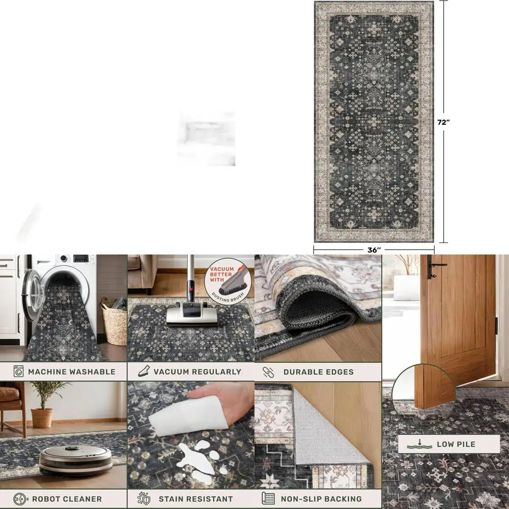 

Black Boho Washable 3x6 Large Kitchen Runner Rug, Indoor Entryway Home Office Floor Rug, Non-Slip Stain & Fade Resistant, Vintag