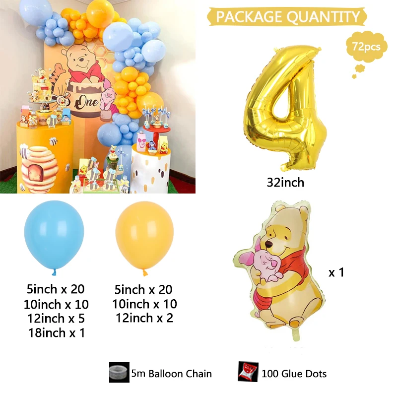 Winnie de Disney the Pooh & Tigger Piggy Pigeon, cadena de globos colorida con números dorados, regalo de ducha de cumpleaños para vacaciones, juego de globos para fiesta