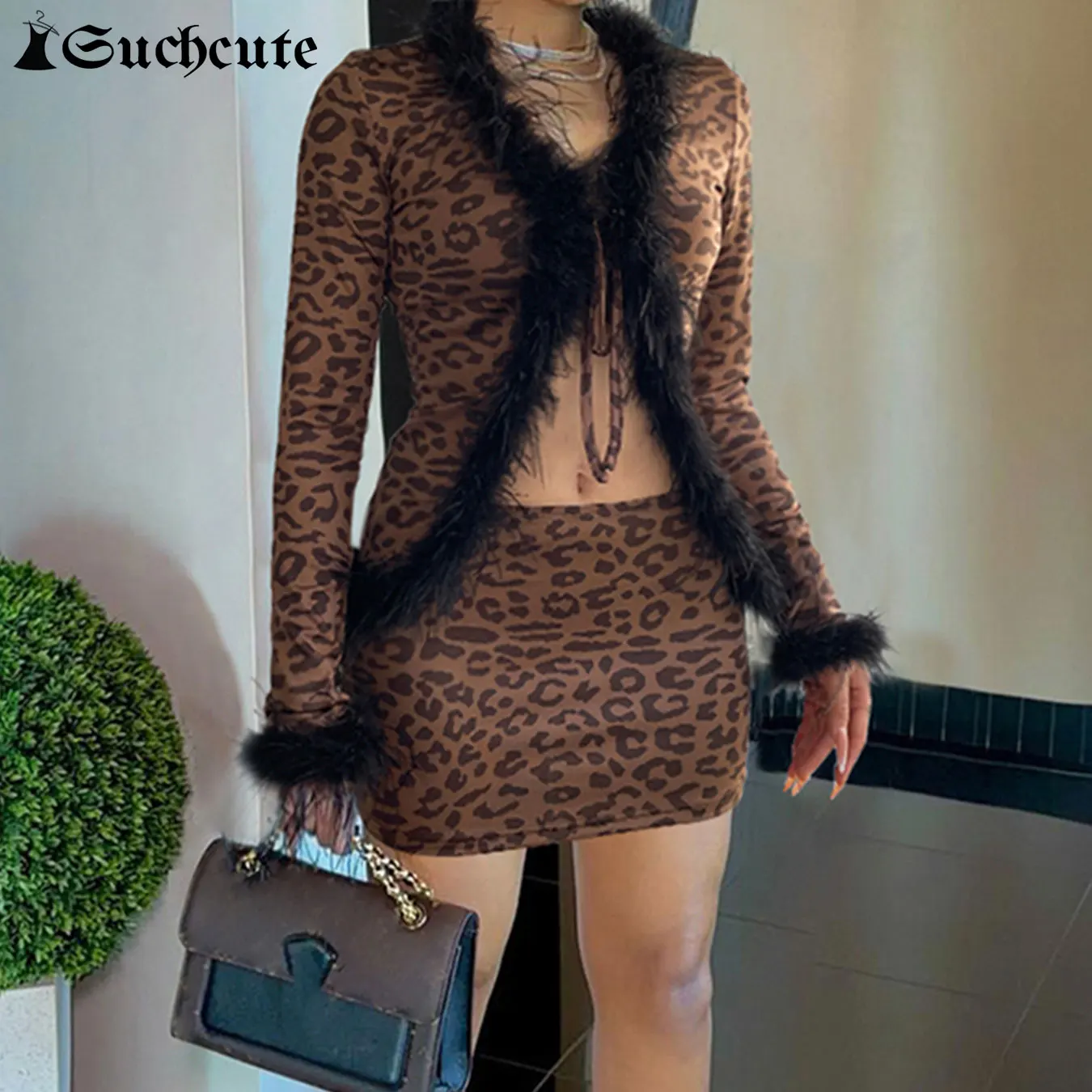 SUCHCUTE Sexy Leopard Print Women's 2 Pieces Set Vintage Full Sleeve Furry Lace Up Cardigan+Elastic Bodycon Skirts 2025 Outfits