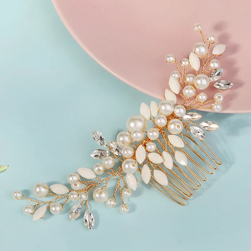Neueste Gold handgemachte Perle Blume Haarkamm schöne Strass Haarspange Braut Kopfschmuck Hochzeit Zubehör – Detail 7