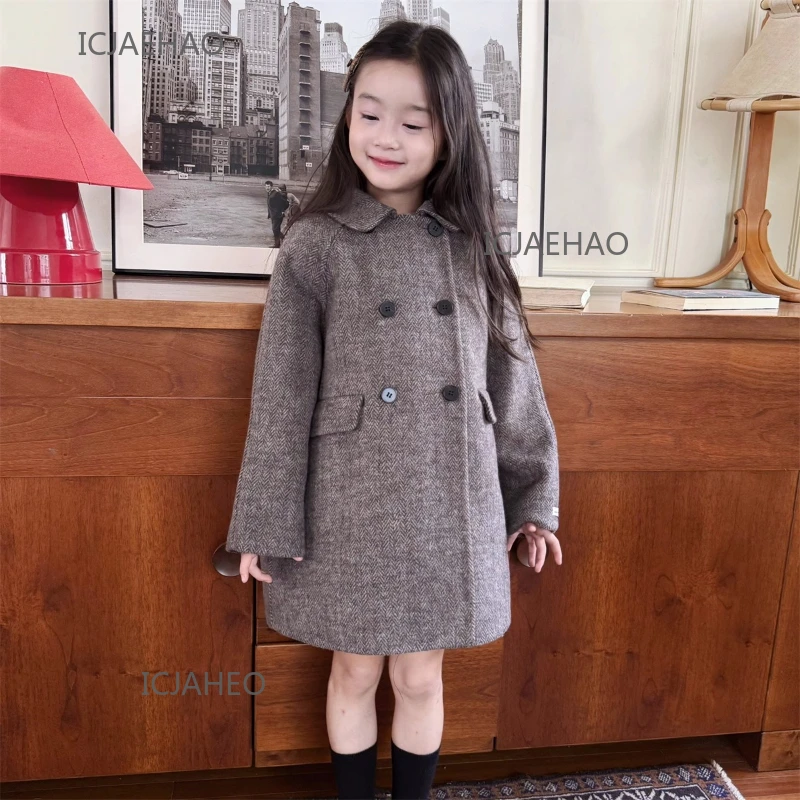 

Одежда для девочек-подростков, 2024, детские шерстяные двубортные пальто для девочек, зимняя верхняя одежда ручной работы, одинаковые детские костюмы