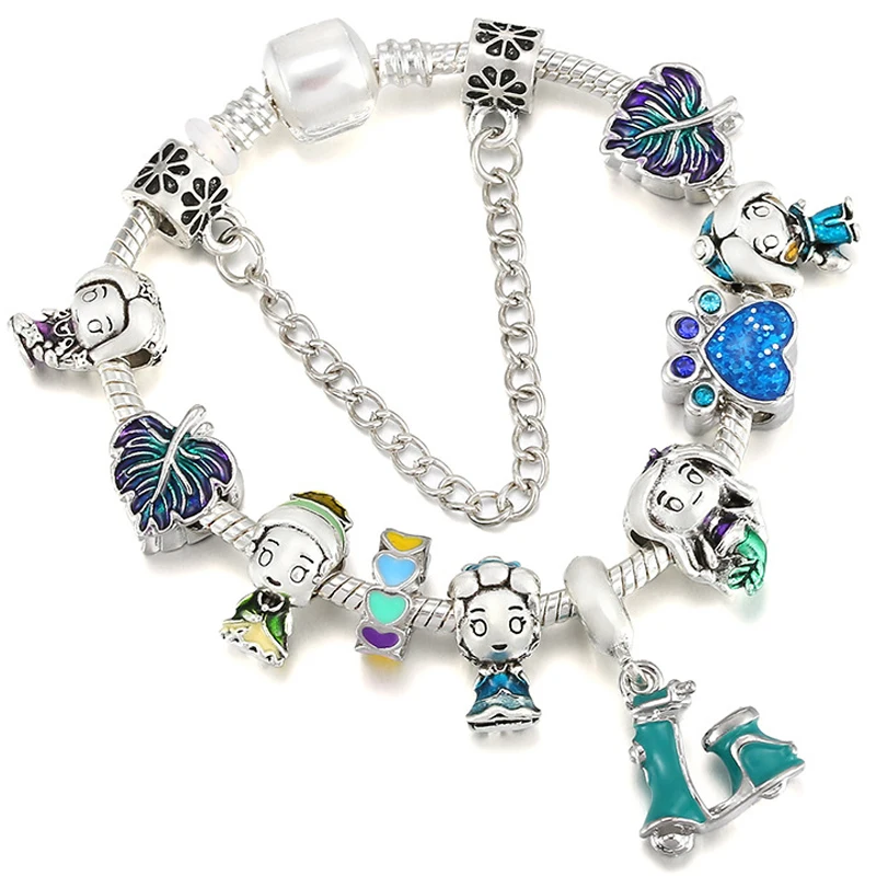 

Disney Tiana Cinderella Princess Charms Bracelet Women Blue Maple Leaf Heart Paw Beads Bangle Electric Vehicle Dangle DIY Bijoux