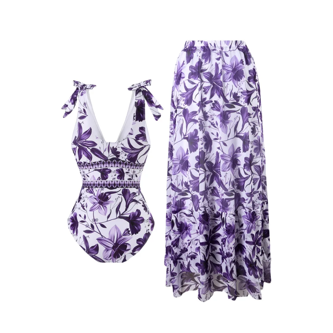 Summer Bohemian Style One Piece Swimsuit with Irregular Shoulder Straps Floral Print Beach Vacation Dress for Women
