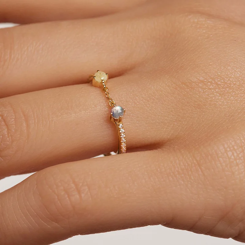 F.I.N.S Luxury Fashion 925 Sterling Silver Gold-Plated Ring with Chain Green Iced Zirconia Labradorite Finger Jewelry For Women
