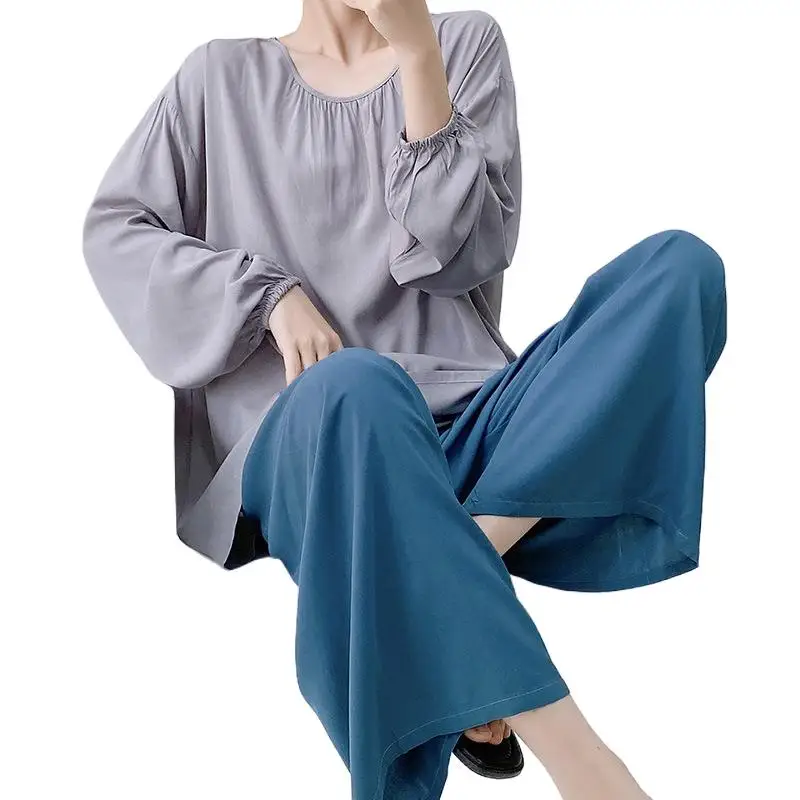 Women's Senior Simple Pajamas Suit Contrast Color Long Sleeves Wide Leg Pants Spring Top Pajamas Homewear Loose Outer Wear