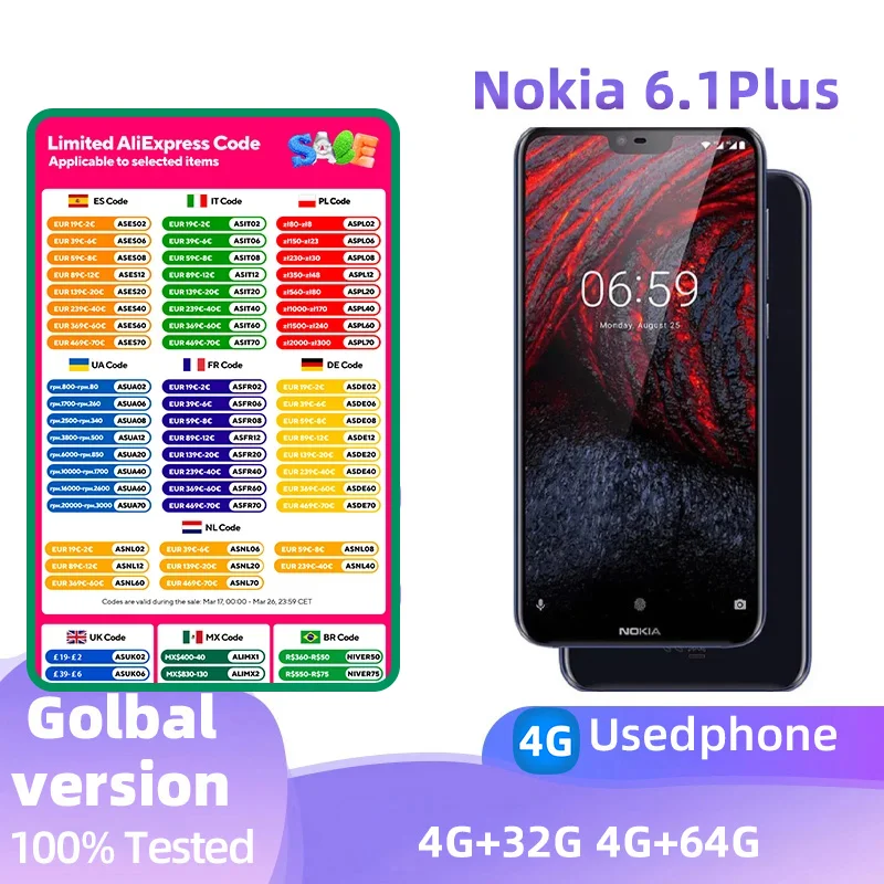 Nokia 6.1Plus 4G SmartPhone 5.8inch Screen CPU Qualcomm Snapdragon 636 Battery capacity 16MP Camera 3060mAh original used phone