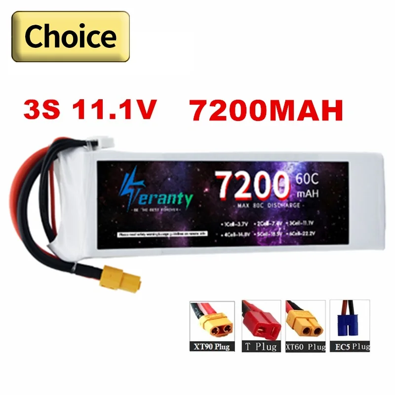 

TERANTY 11.1v Lithium Battery 3S 7200mAh 60C Lipo Battery For RC Racing Car Model Drones Boats Airplane FPV With XT60 Connector